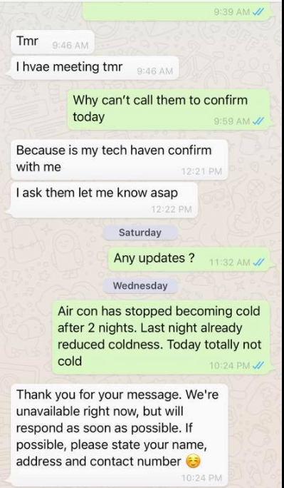 Air-con company got time deletes bad reviews no time reply 