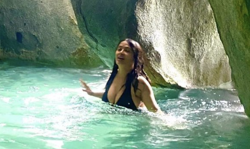 Salma Hayek Takes a Dip in a Frilly Patterned Bikini