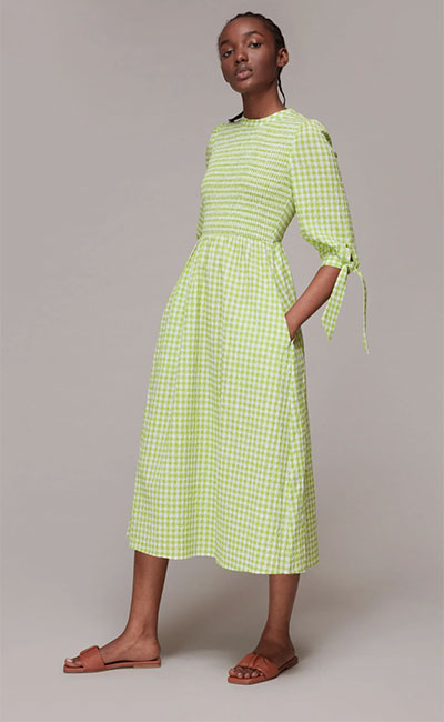 Whistles long sleeve maxi tea dress in neon green gingham