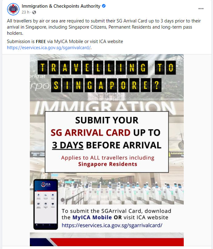 Take note! ICA reminds all travellers entering Singapore via air and
