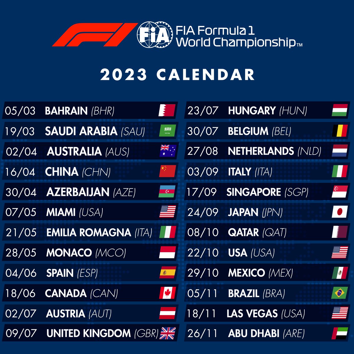 Formula 1 announces recordbreaking 24 race calendar for 2023 Nestia