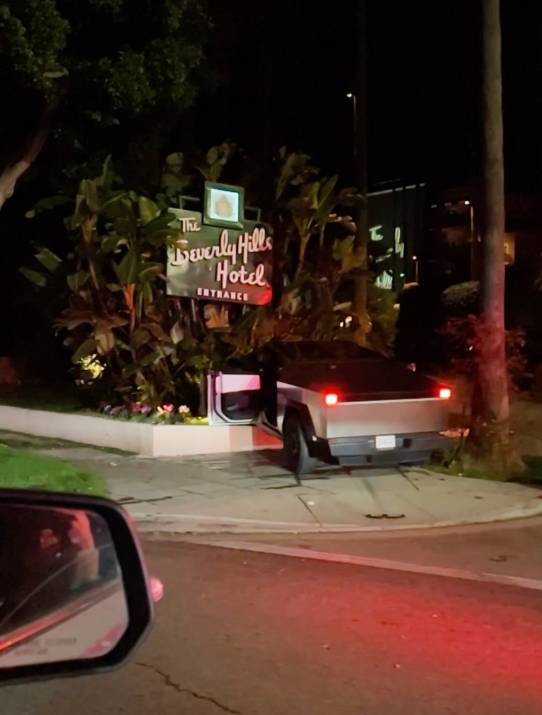 Video Shows Tesla Cybertruck Crash Into Iconic Beverly Hills Hotel Sign ...